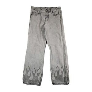 Hot Topic Flame Jeans Mens 34x32 Gray Y2K Wide Leg Skater Goth 100% Cotton